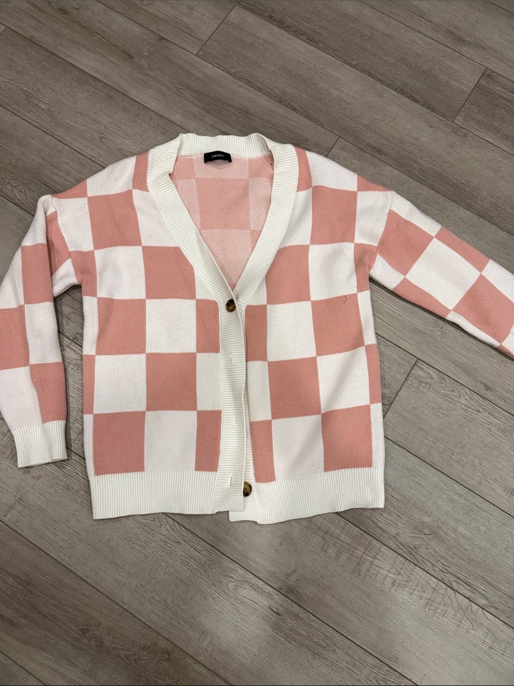 Checked Pink and White Cardigan Sweater
